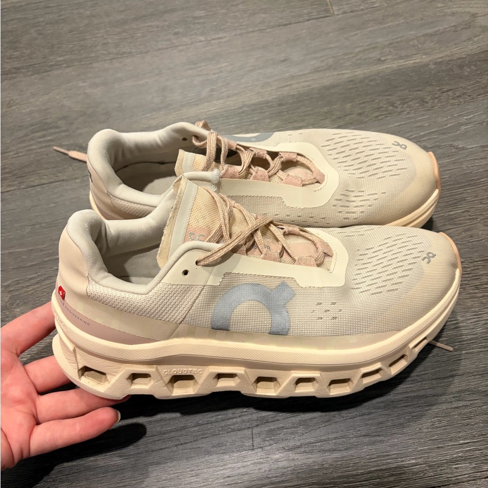 On Running Women's Cloudmonster Running Shoes - Beige with Light Gray Accent